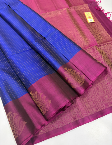 Royal Blue & Magenta Contrast Vairaoosi Stripes Handloom Pure Soft Silk Saree