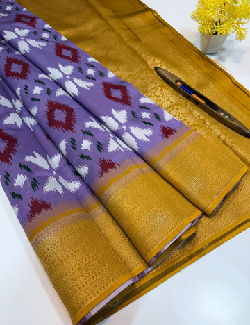 Semi Softsilk Pochampally Design Saree in Deep Lavender with Mustard Kanchi Border & Contrast Pallu