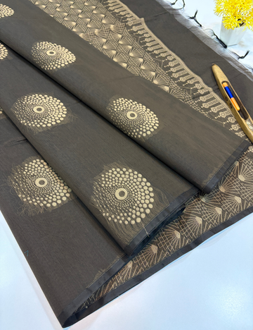 Semi Silk Cotton Borderless Pastel Grey Saree | Thread Putta Weave | Self Running Blouse | Lightweight Handloom Saree