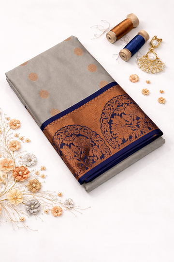 Kanchi Border Semi Soft Silk Saree – Grey with Navy Blue