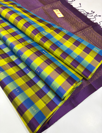 Handloom Pure Soft Silk Green & Purple Checked Saree with Contrast Border | Silk Mark Certified