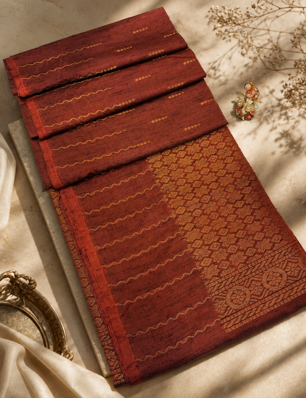 Rich Rust Brown Dubion Semi Softsilk Saree – Handloom