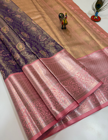 Semi Bridal Semi Silk Saree in Purple with Candy Pink Korvai Border | Full Brocade Weaving | Aadithya Handlooms