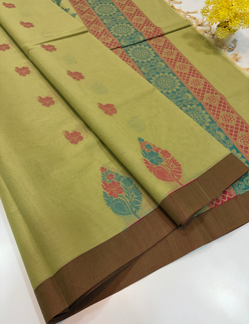 Negamam Pure Cotton Saree – Pistachio Olive with Chocolate Brown Border