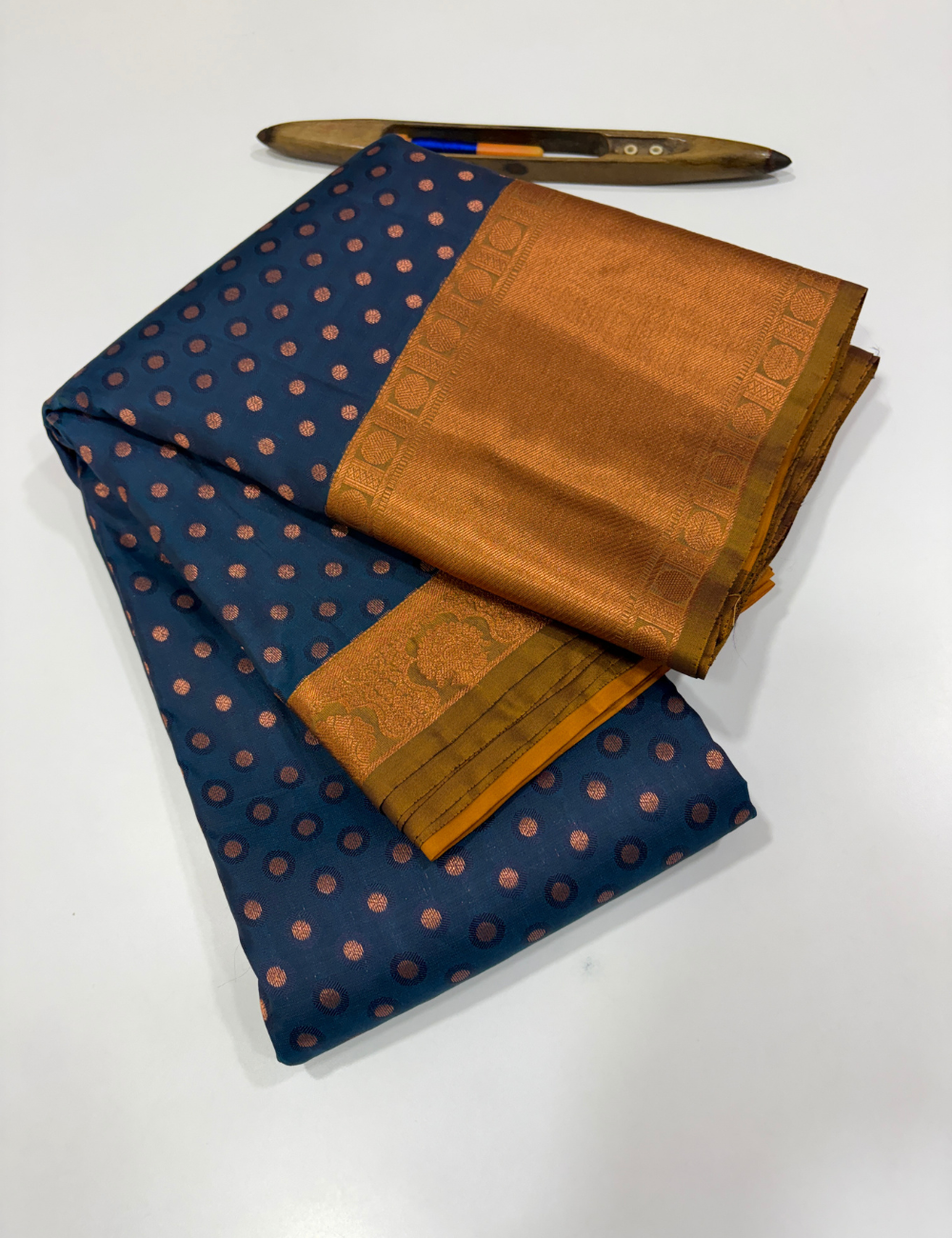 Peacock Blue 50% Pure Mix Kanchi Silk Saree with Fancy Kanchi Border | Mustard Pallu & Blouse