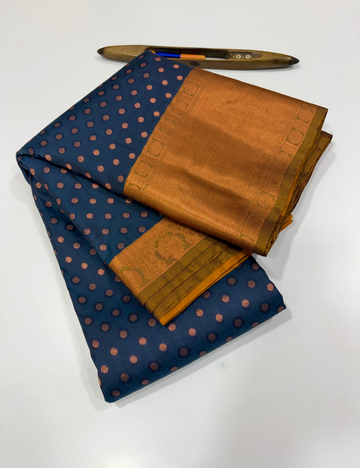 Peacock Blue 50% Pure Mix Kanchi Silk Saree with Fancy Kanchi Border | Mustard Pallu & Blouse