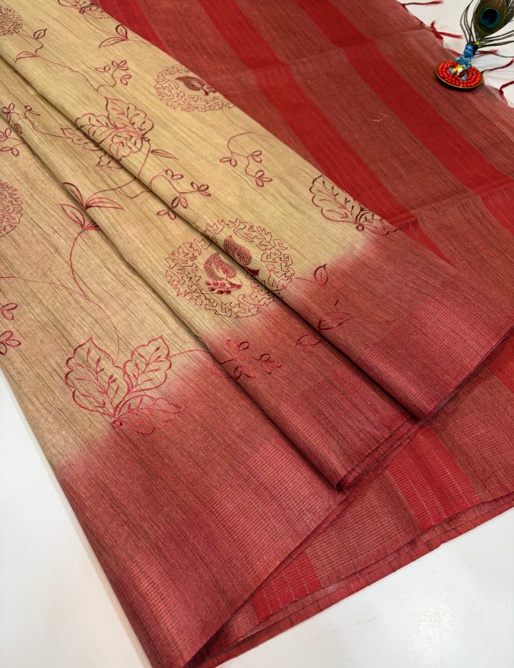 Golden Beige Soft Linen Embroidery Saree with Rose Pink Contrast Border