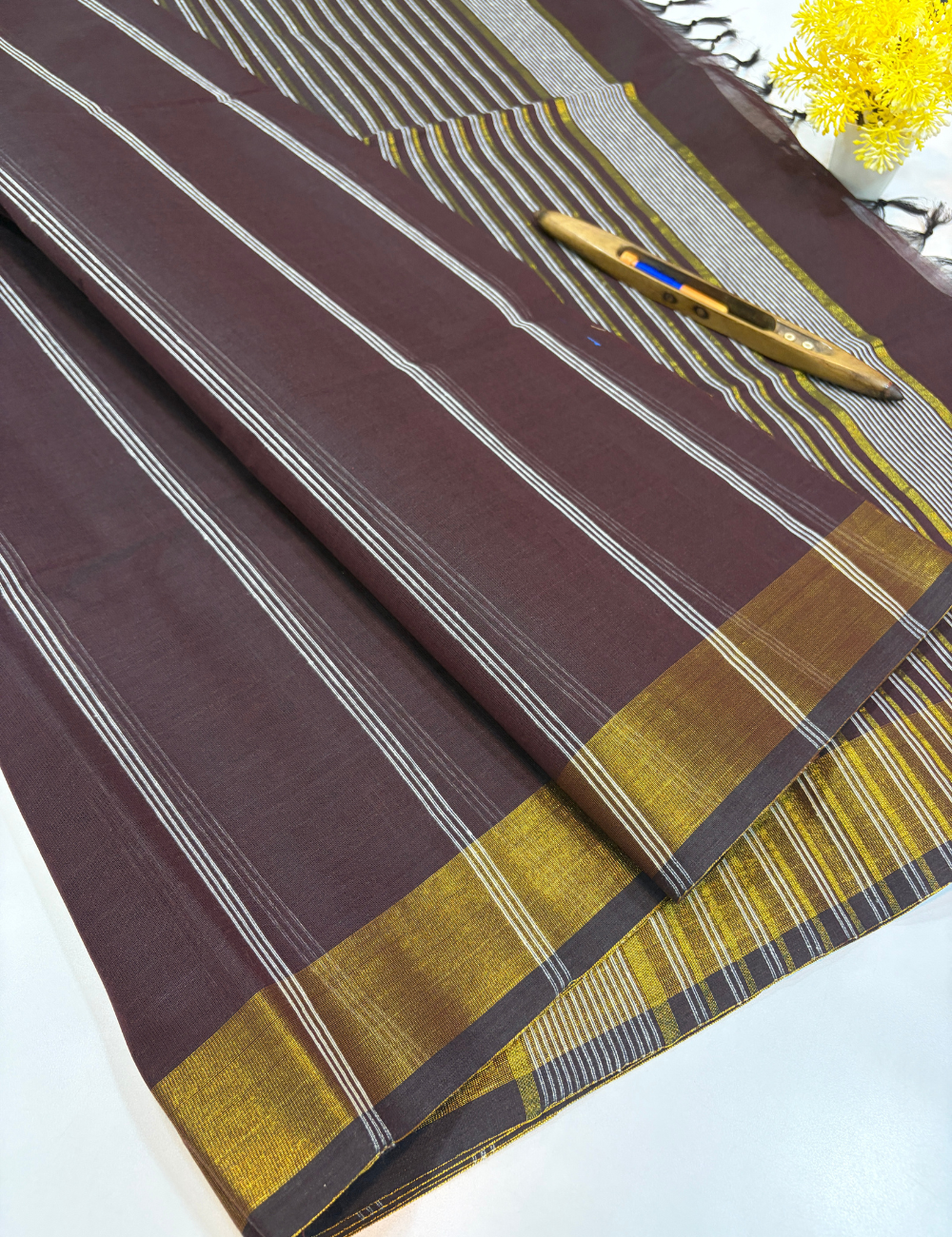 Negamam Pure Cotton Saree in Dark Coffee Brown with Stripes Design & Golden Zari Border | Self Colour Pallu & Blouse