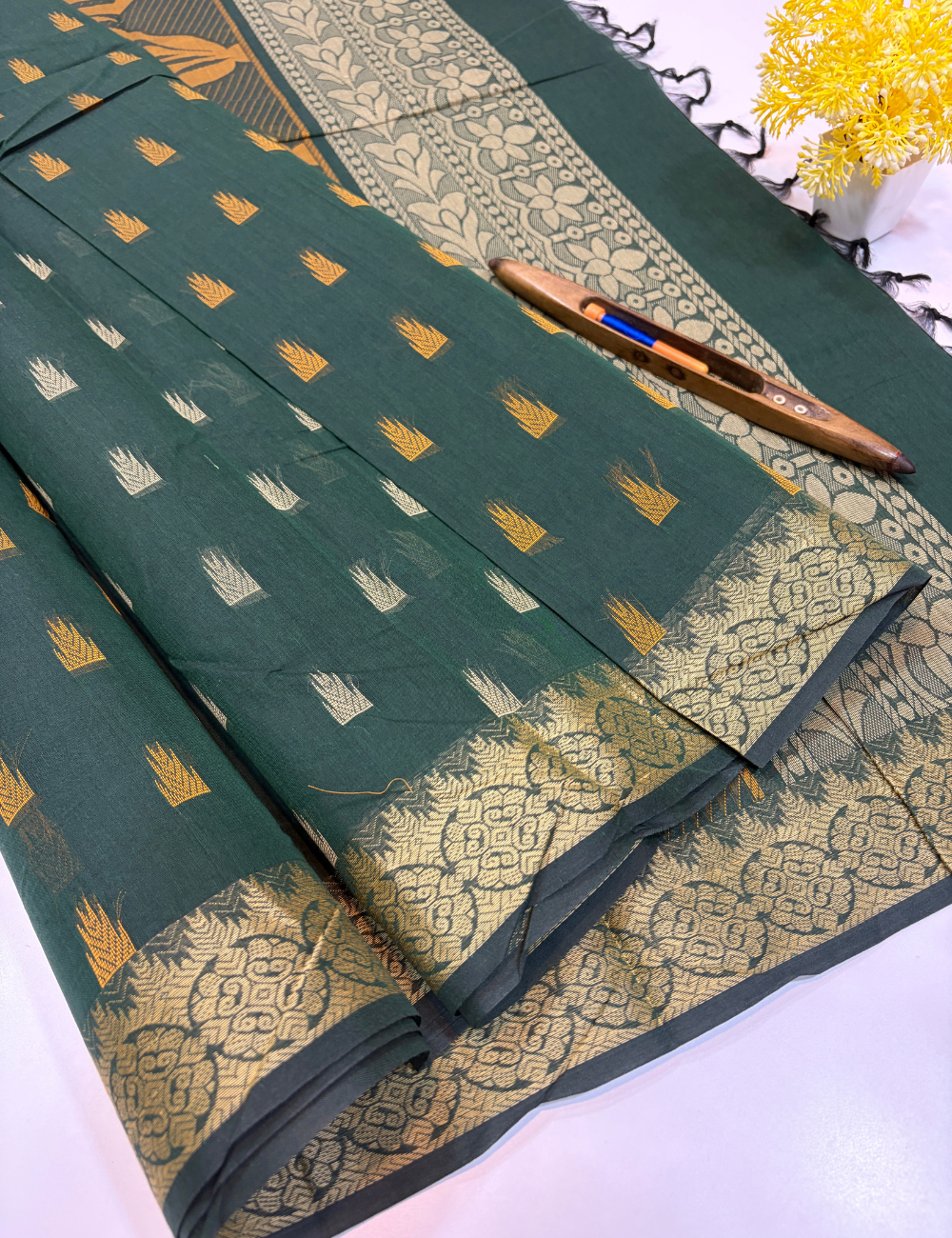 Peacock Green Negamam Pure Cotton Saree with Thread Butta Design & Self Colour Border | Plain Blouse Included