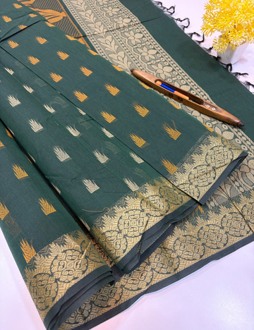 Peacock Green Negamam Pure Cotton Saree with Thread Butta Design & Self Colour Border | Plain Blouse Included