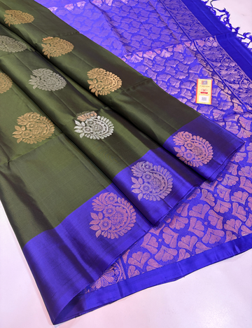 Bottle Green Handloom Pure Soft Silk Saree with Royal Blue Contrast Border, Gold & Silver Zari Putta Weaves | Silk Mark Certified