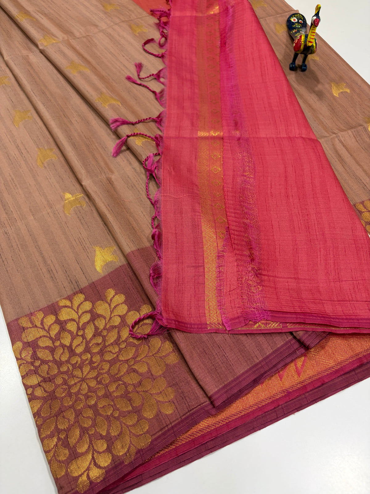 Antique Coffee Brown with Deep Wine-Maroon Border – Handloom Semi Raw Softsilk Saree