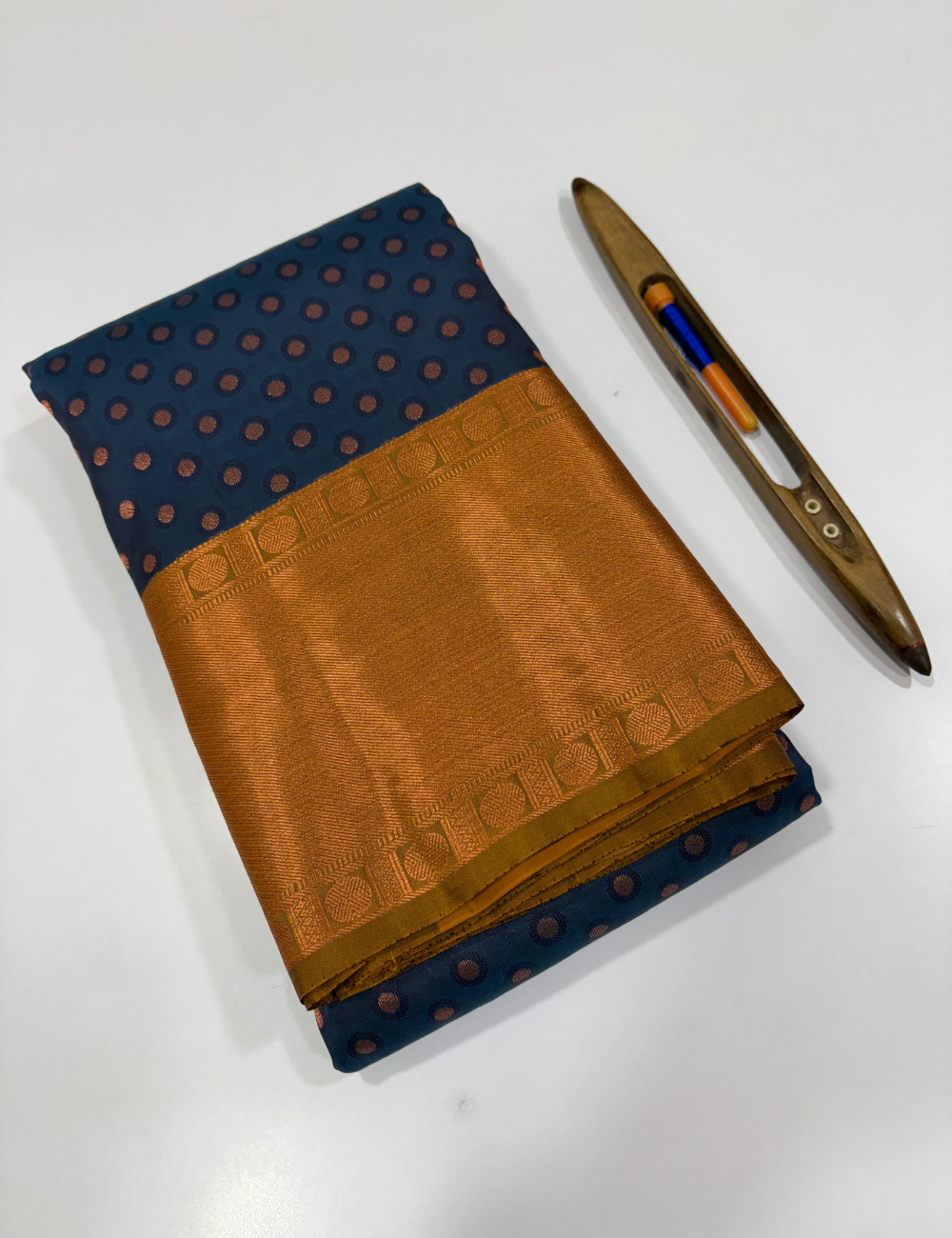 Peacock Blue 50% Pure Mix Kanchi Silk Saree with Fancy Kanchi Border | Mustard Pallu & Blouse