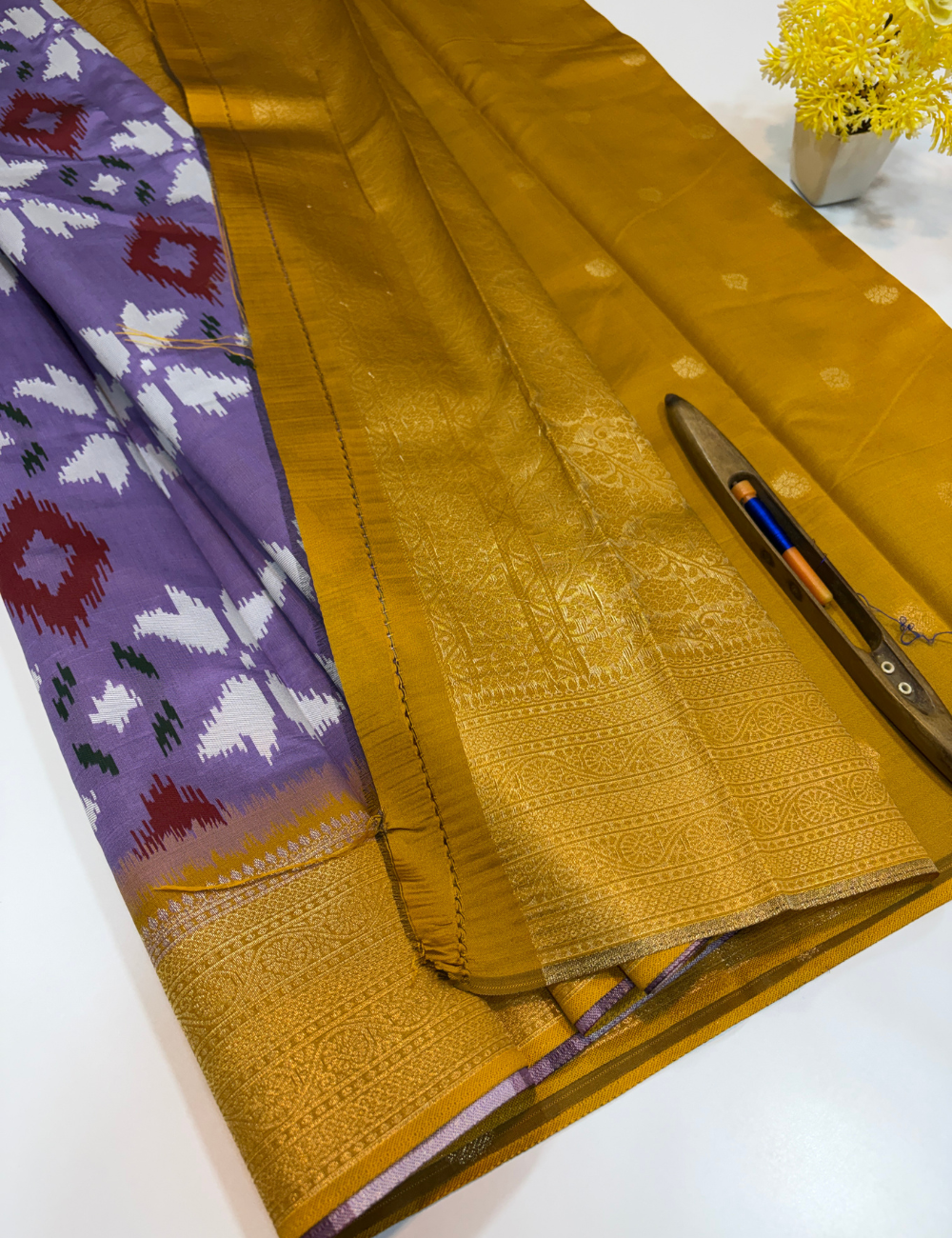 Semi Softsilk Pochampally Design Saree in Deep Lavender with Mustard Kanchi Border & Contrast Pallu