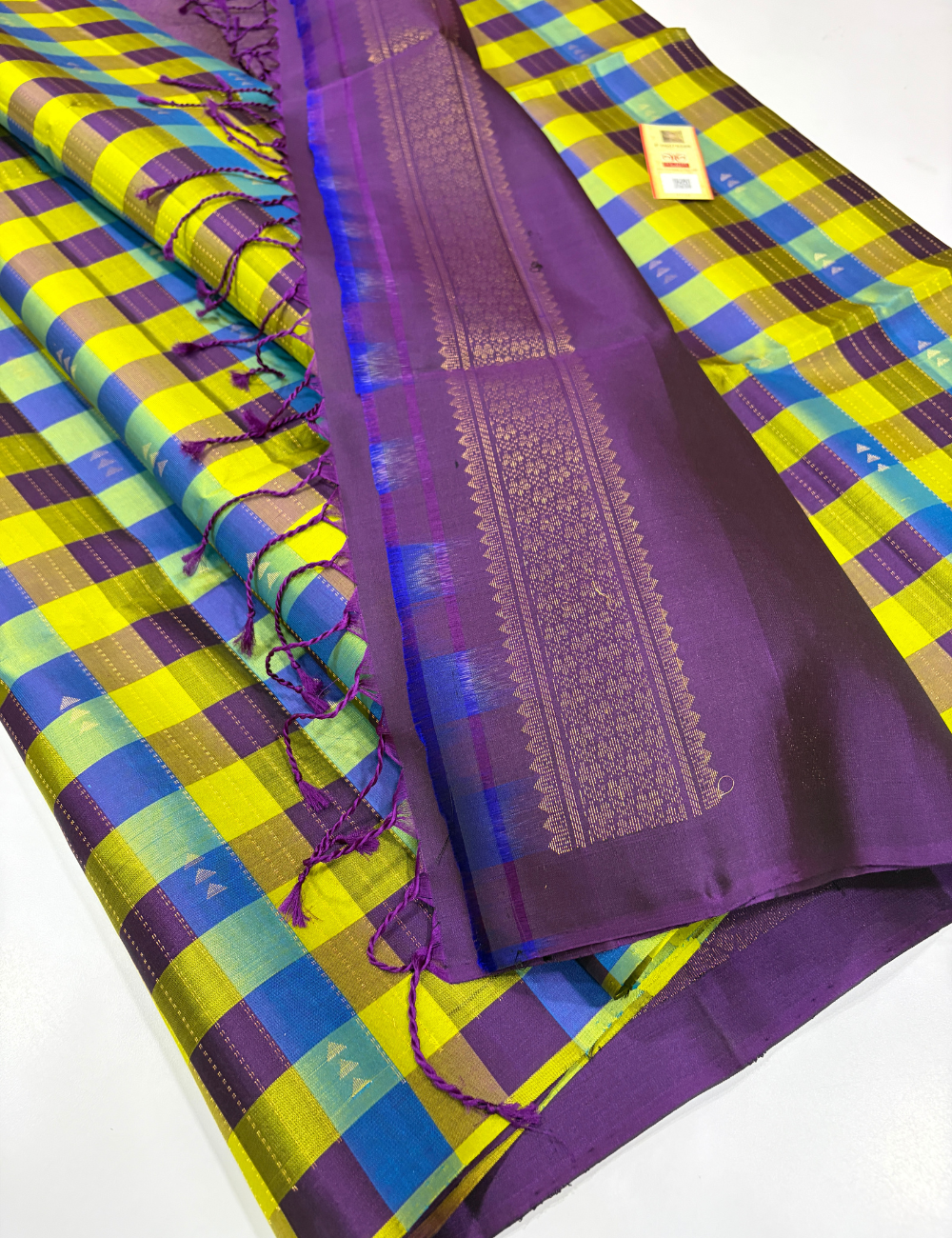 Handloom Pure Soft Silk Green & Purple Checked Saree with Contrast Border | Silk Mark Certified