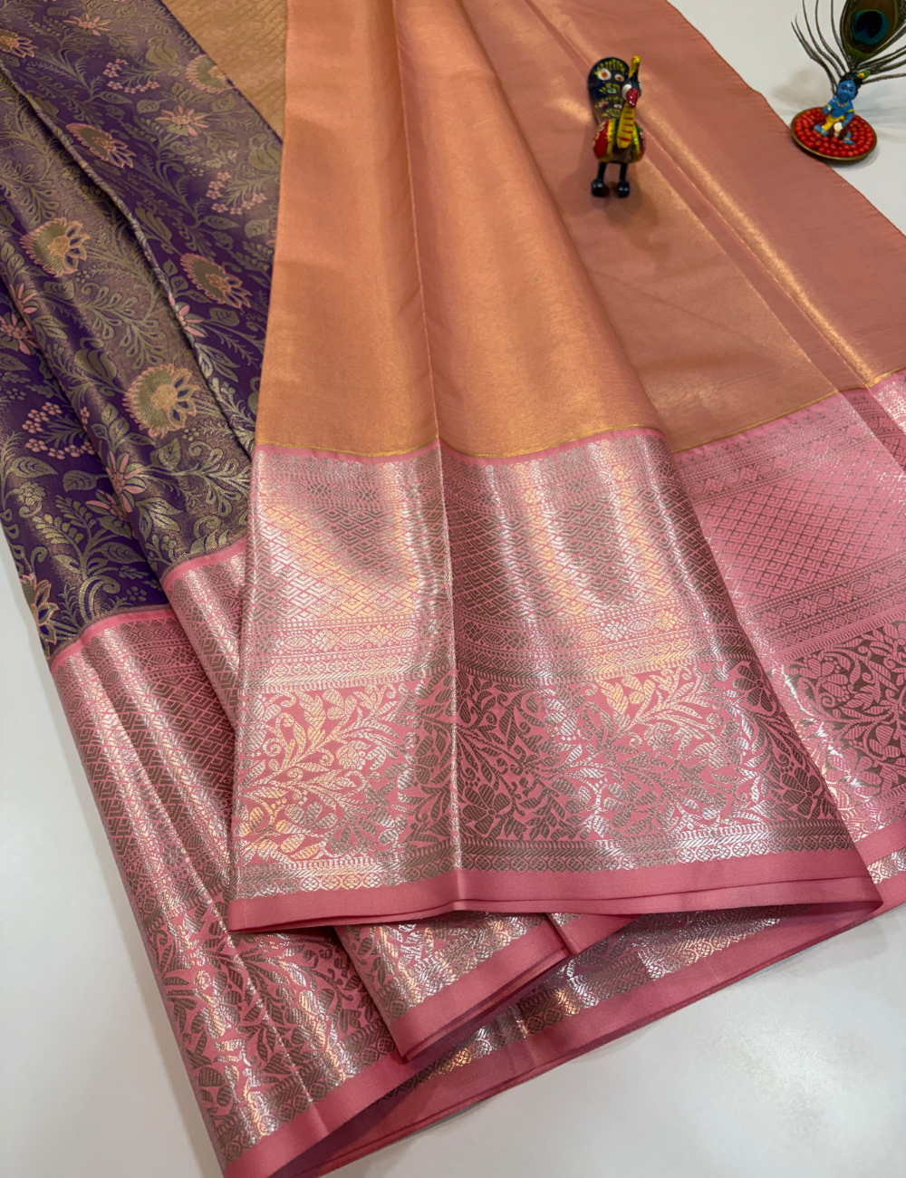 Semi Bridal Semi Silk Saree in Purple with Candy Pink Korvai Border | Full Brocade Weaving | Aadithya Handlooms