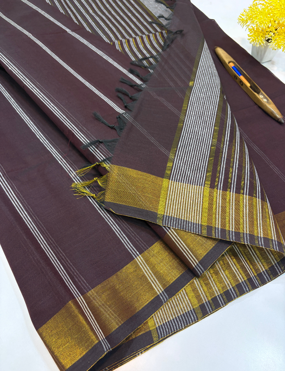 Negamam Pure Cotton Saree in Dark Coffee Brown with Stripes Design & Golden Zari Border | Self Colour Pallu & Blouse