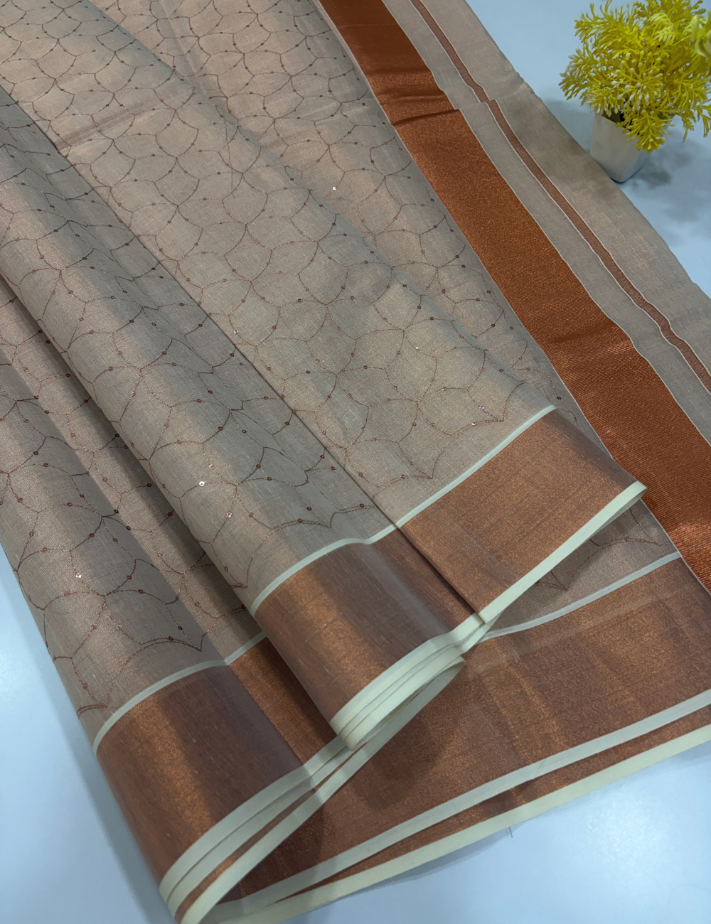 Pure Tissue Cotton Sequence Work Sandal Saree with Tissue Border