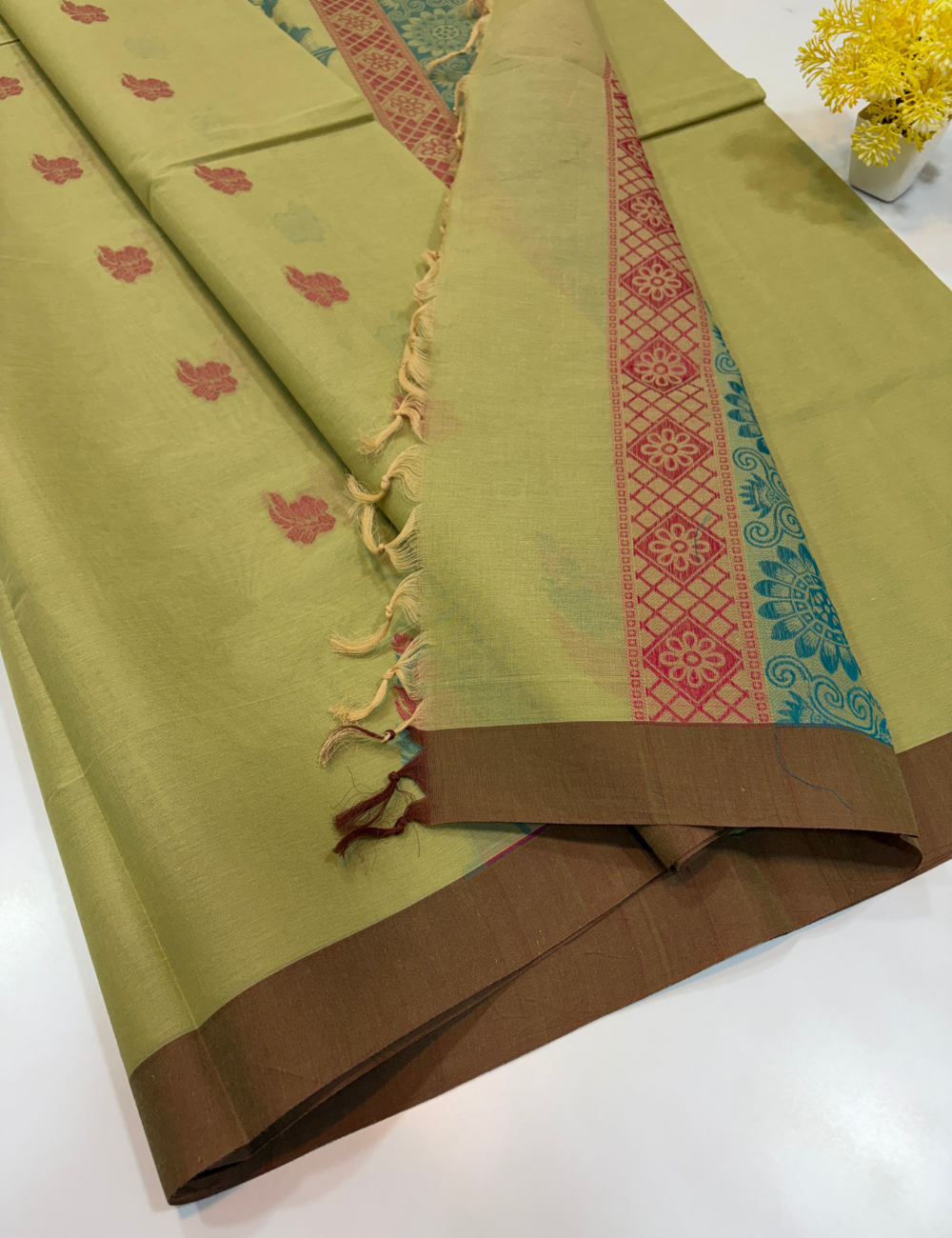 Negamam Pure Cotton Saree – Pistachio Olive with Chocolate Brown Border