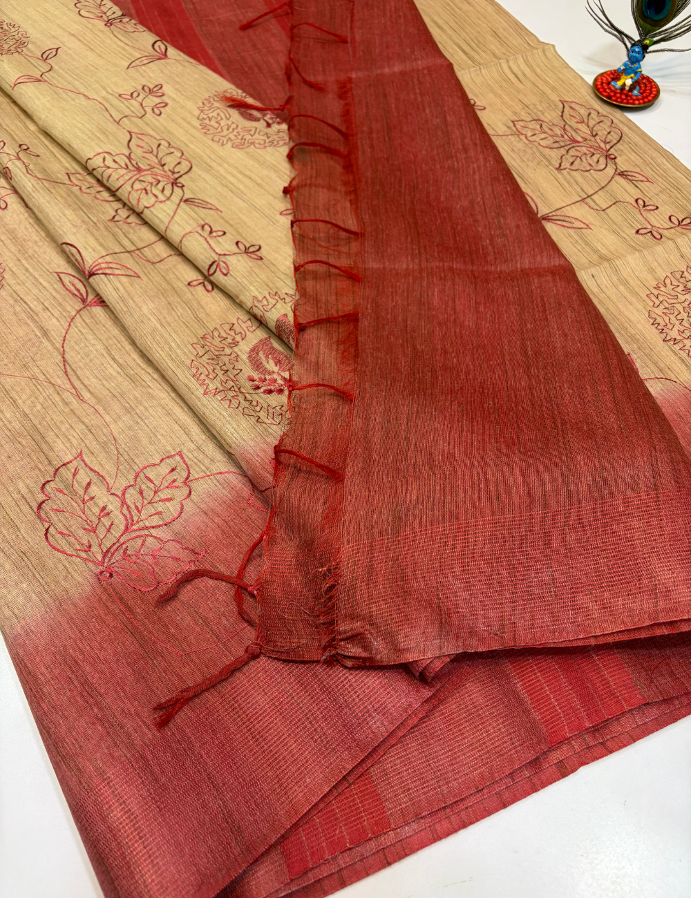 Golden Beige Soft Linen Embroidery Saree with Rose Pink Contrast Border