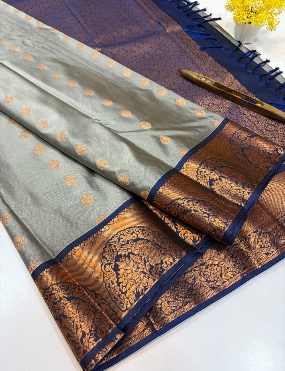 Kanchi Border Semi Soft Silk Saree – Grey with Navy Blue