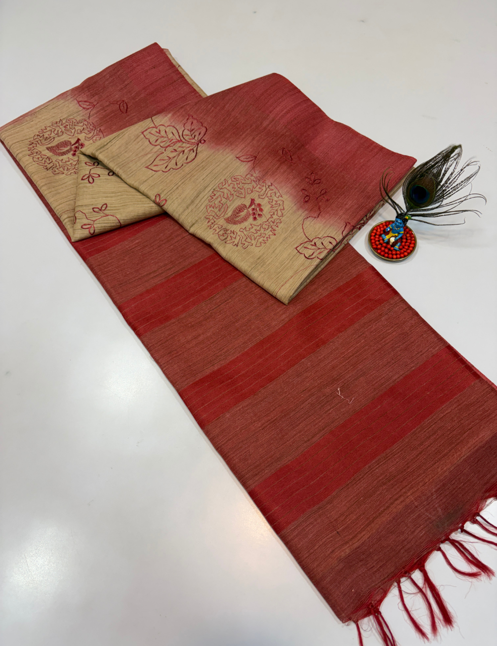 Golden Beige Soft Linen Embroidery Saree with Rose Pink Contrast Border