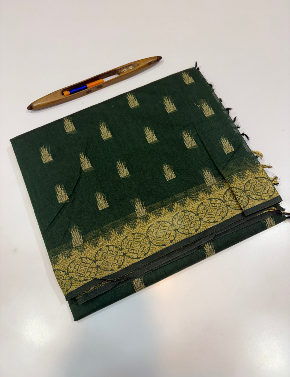 Peacock Green Negamam Pure Cotton Saree with Thread Butta Design & Self Colour Border | Plain Blouse Included