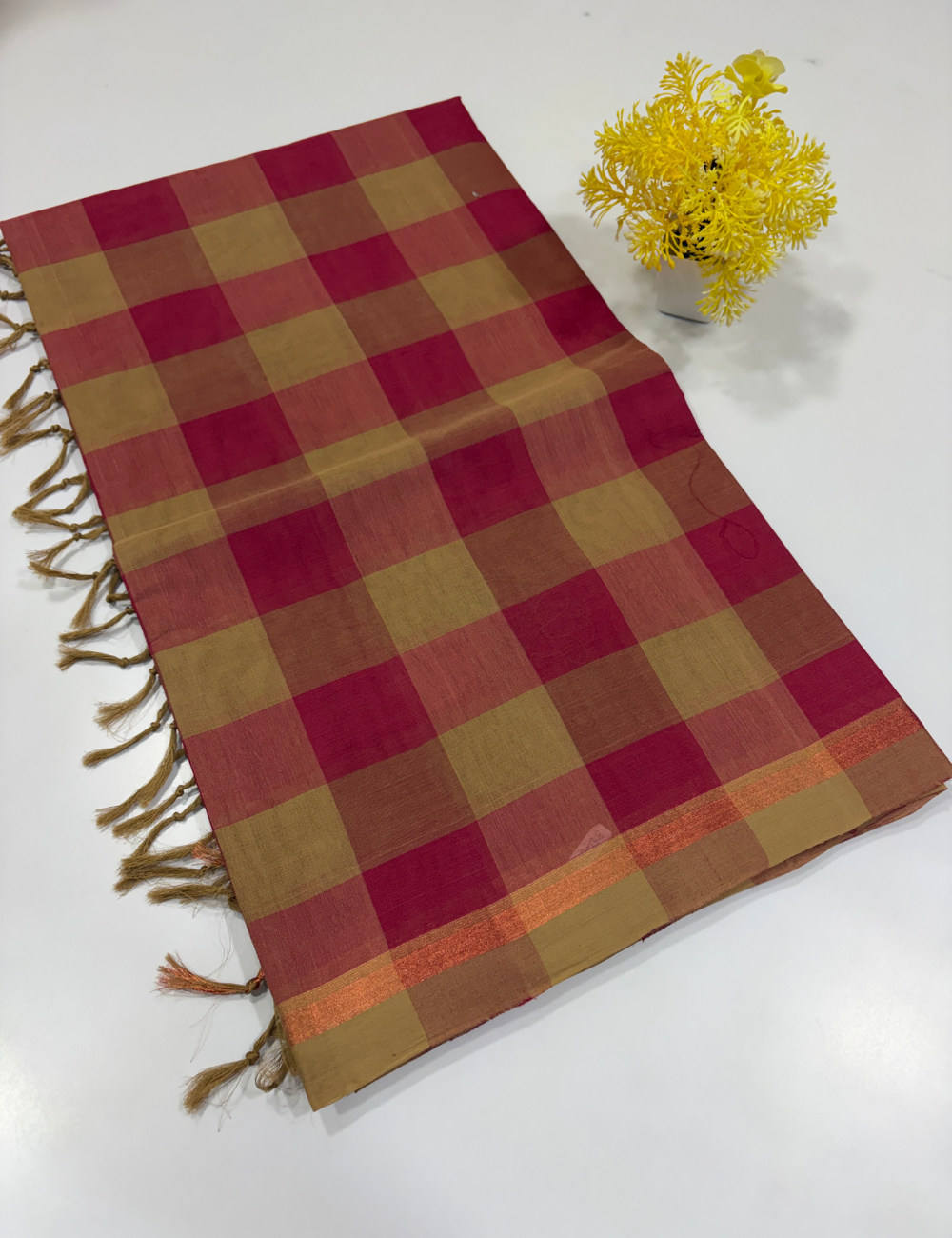 Negamam Pure Cotton Palum Pazhamum Checked Saree – Beige & Magenta Pink