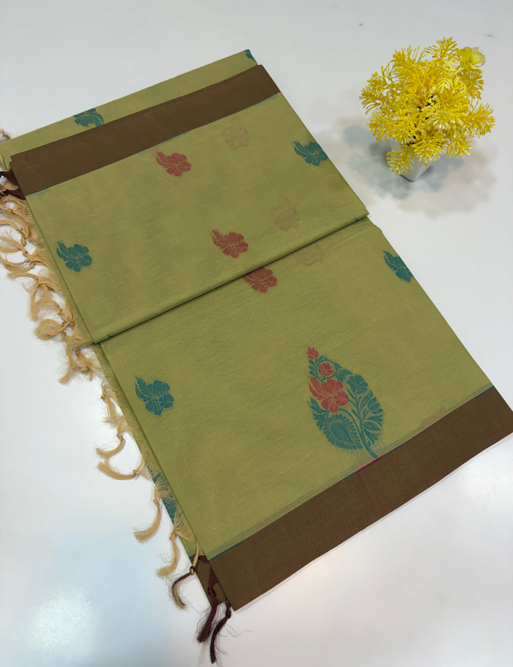 Negamam Pure Cotton Saree – Pistachio Olive with Chocolate Brown Border