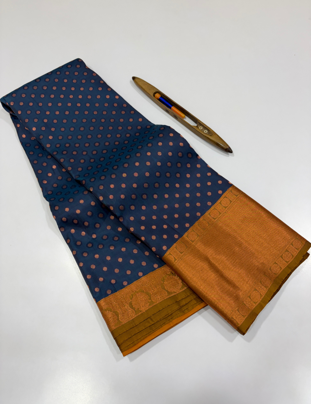 Peacock Blue 50% Pure Mix Kanchi Silk Saree with Fancy Kanchi Border | Mustard Pallu & Blouse