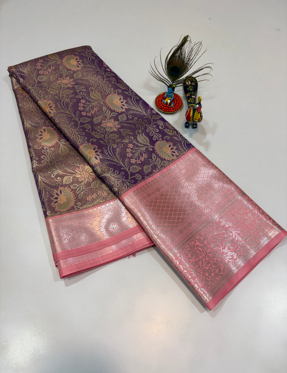 Semi Bridal Semi Silk Saree in Purple with Candy Pink Korvai Border | Full Brocade Weaving | Aadithya Handlooms