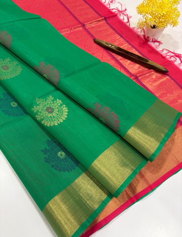Handloom Pure Silkcotton Saree with Tissue Border – Rama Green & Rosepink
