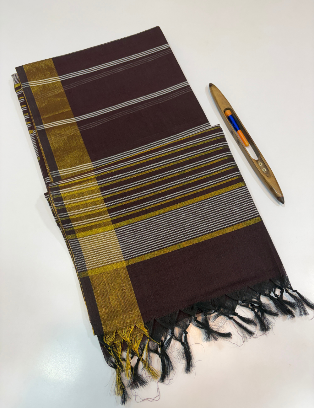 Negamam Pure Cotton Saree in Dark Coffee Brown with Stripes Design & Golden Zari Border | Self Colour Pallu & Blouse