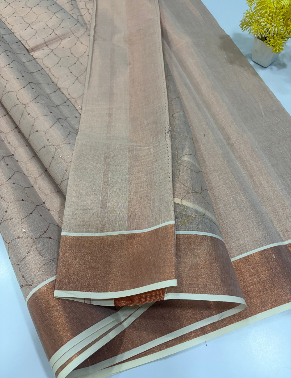 Pure Tissue Cotton Sequence Work Sandal Saree with Tissue Border