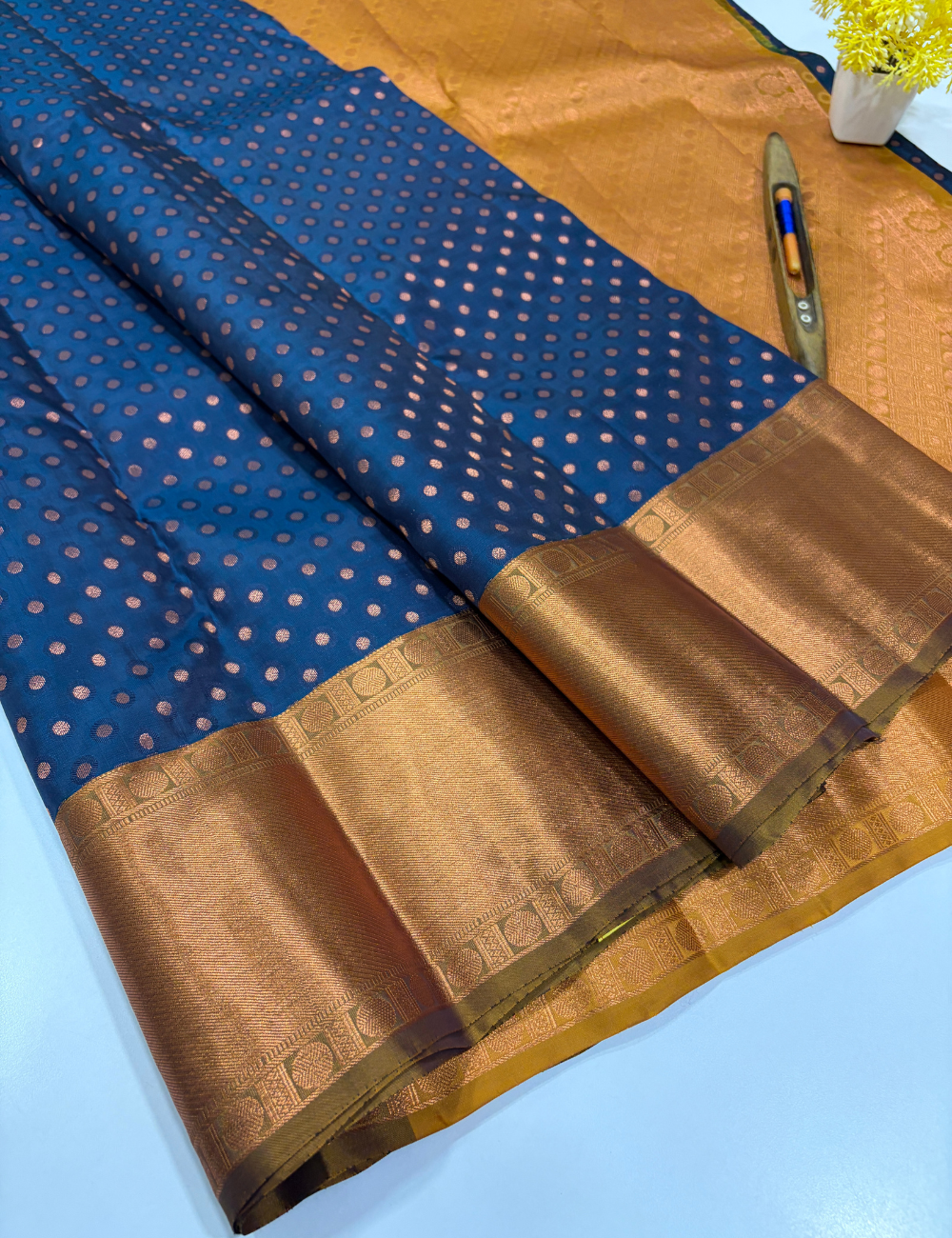 Peacock Blue 50% Pure Mix Kanchi Silk Saree with Fancy Kanchi Border | Mustard Pallu & Blouse