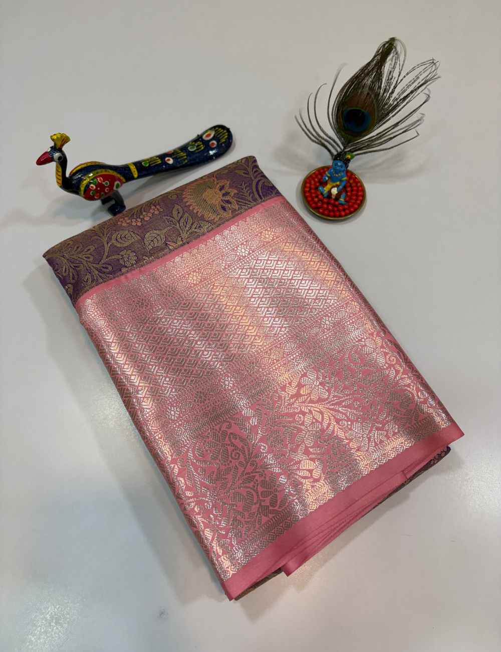 Semi Bridal Semi Silk Saree in Purple with Candy Pink Korvai Border | Full Brocade Weaving | Aadithya Handlooms
