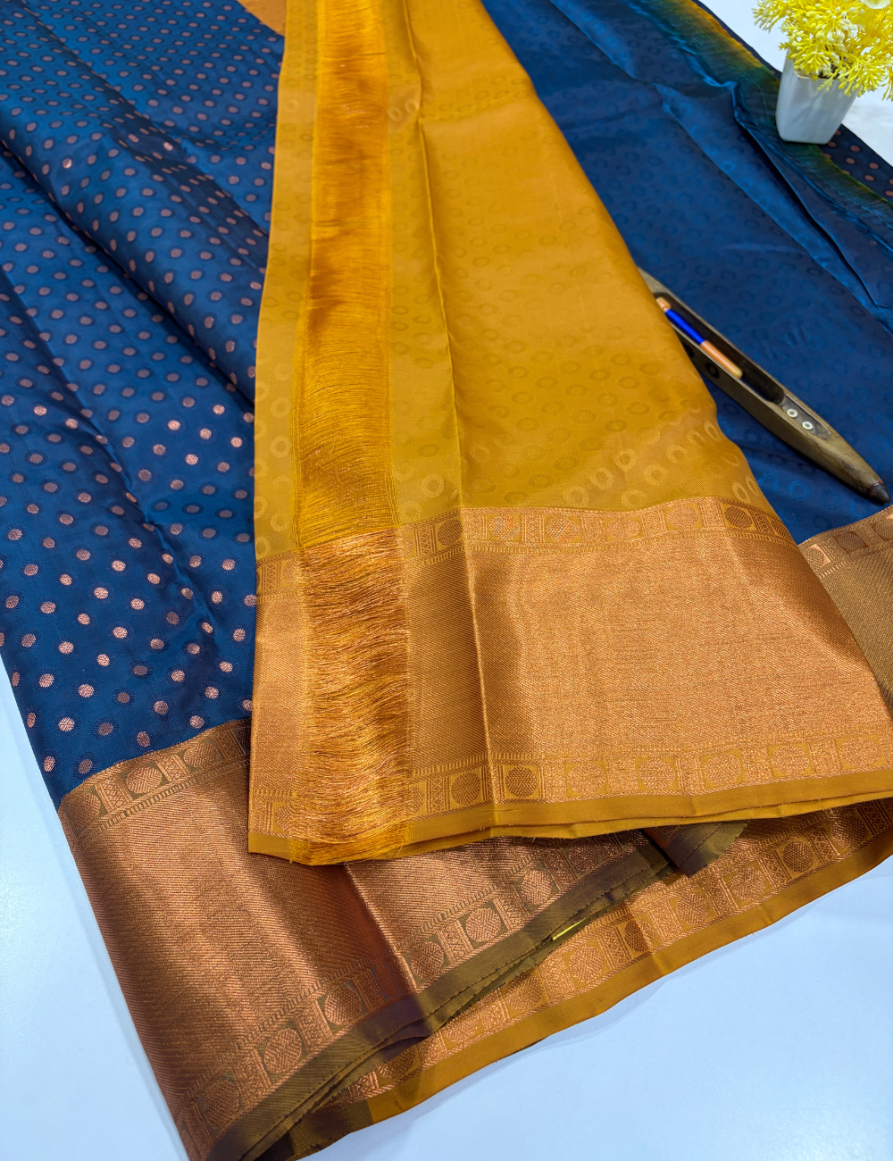 Peacock Blue 50% Pure Mix Kanchi Silk Saree with Fancy Kanchi Border | Mustard Pallu & Blouse