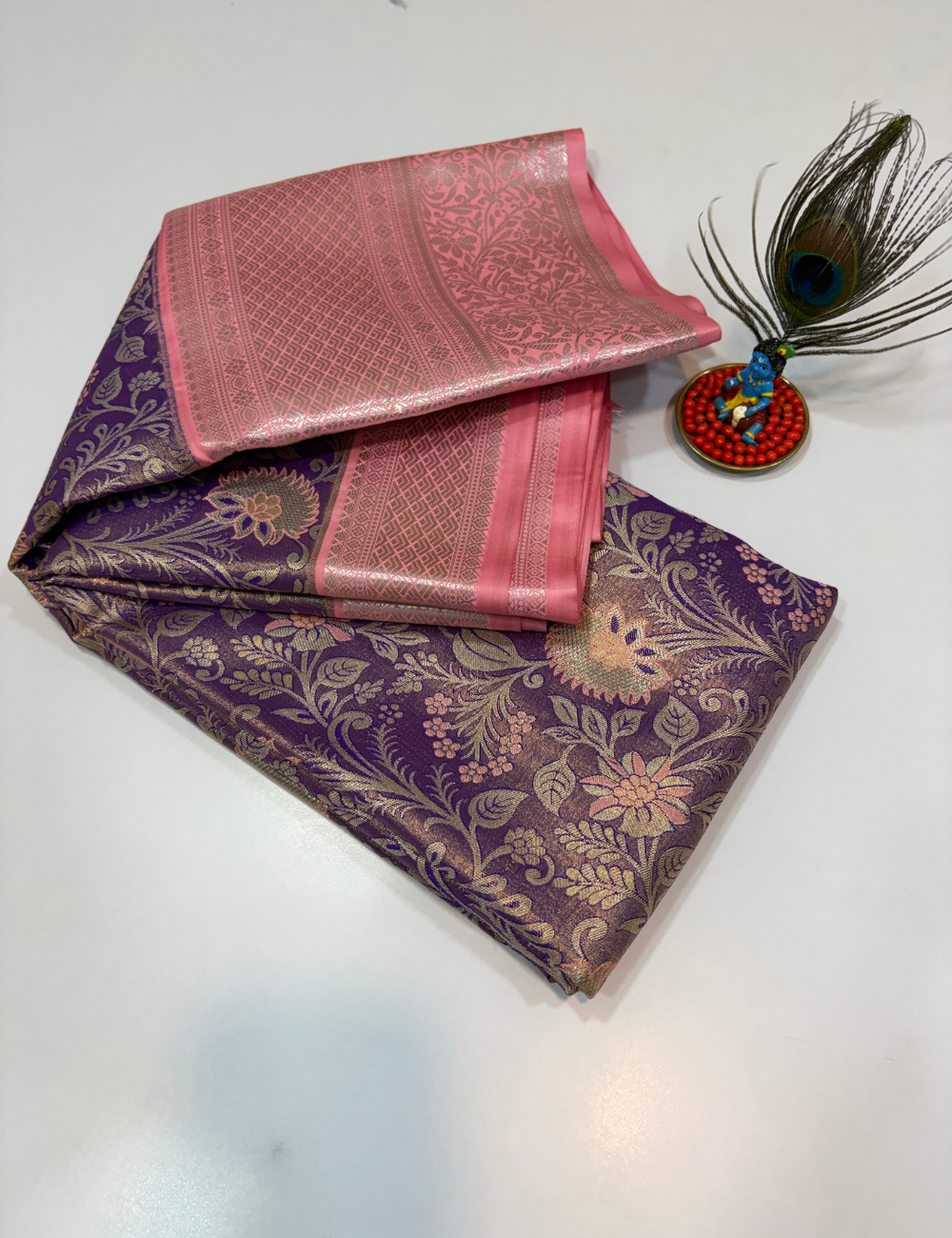 Semi Bridal Semi Silk Saree in Purple with Candy Pink Korvai Border | Full Brocade Weaving | Aadithya Handlooms