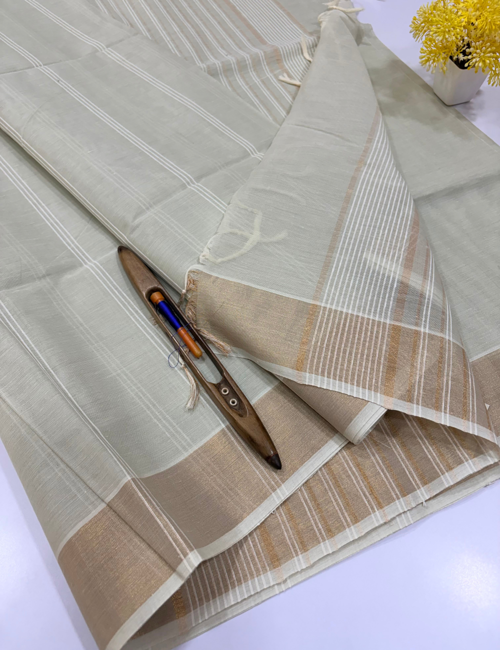 Sage Green Pure Cotton Saree with Gold Jari Border