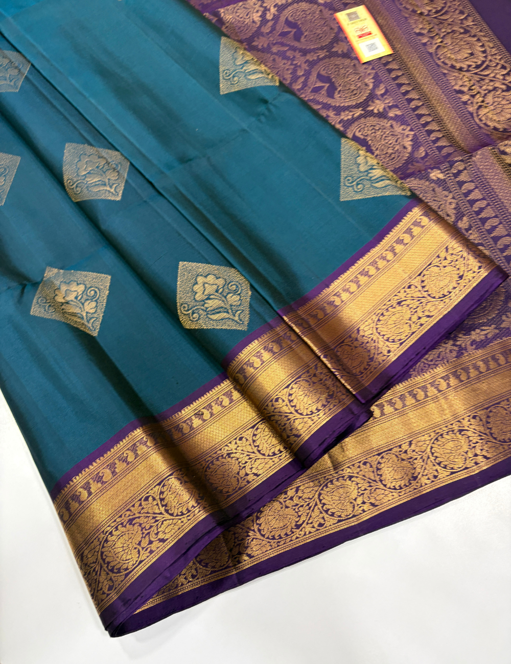 Kanchi Border Handloom Pure Softsilk Saree – Teal Blue & Purple | Silkmark Certified