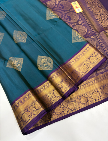 Kanchi Border Handloom Pure Softsilk Saree – Teal Blue & Purple | Silkmark Certified