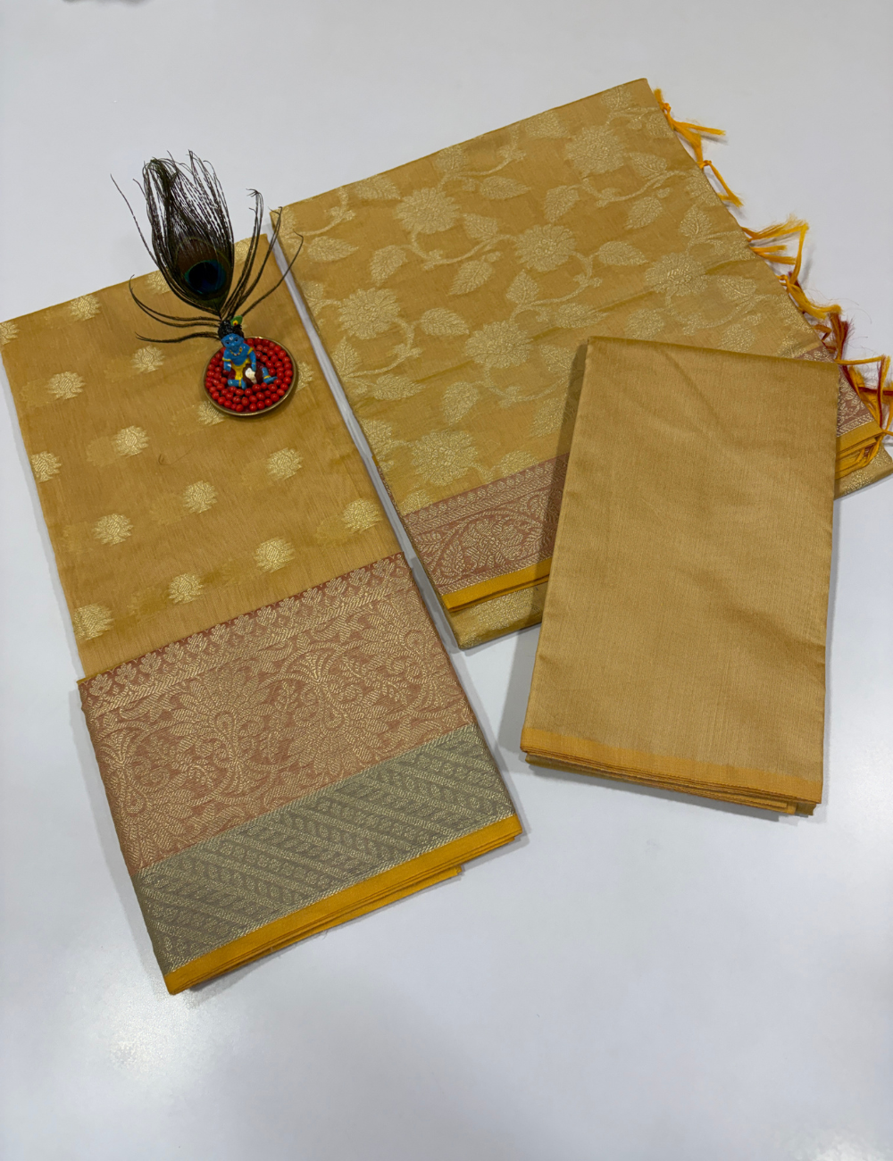 Golden Beige Monotone Handloom Silk Cotton 3 Pc Salwar Set | Elegant Self Weave Ethnic Wear