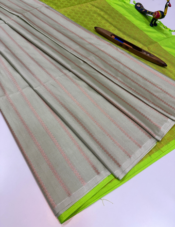 Royal Soft Cotton Handloom Saree – Sage Green with Neon Lime Green Pallu & Blouse