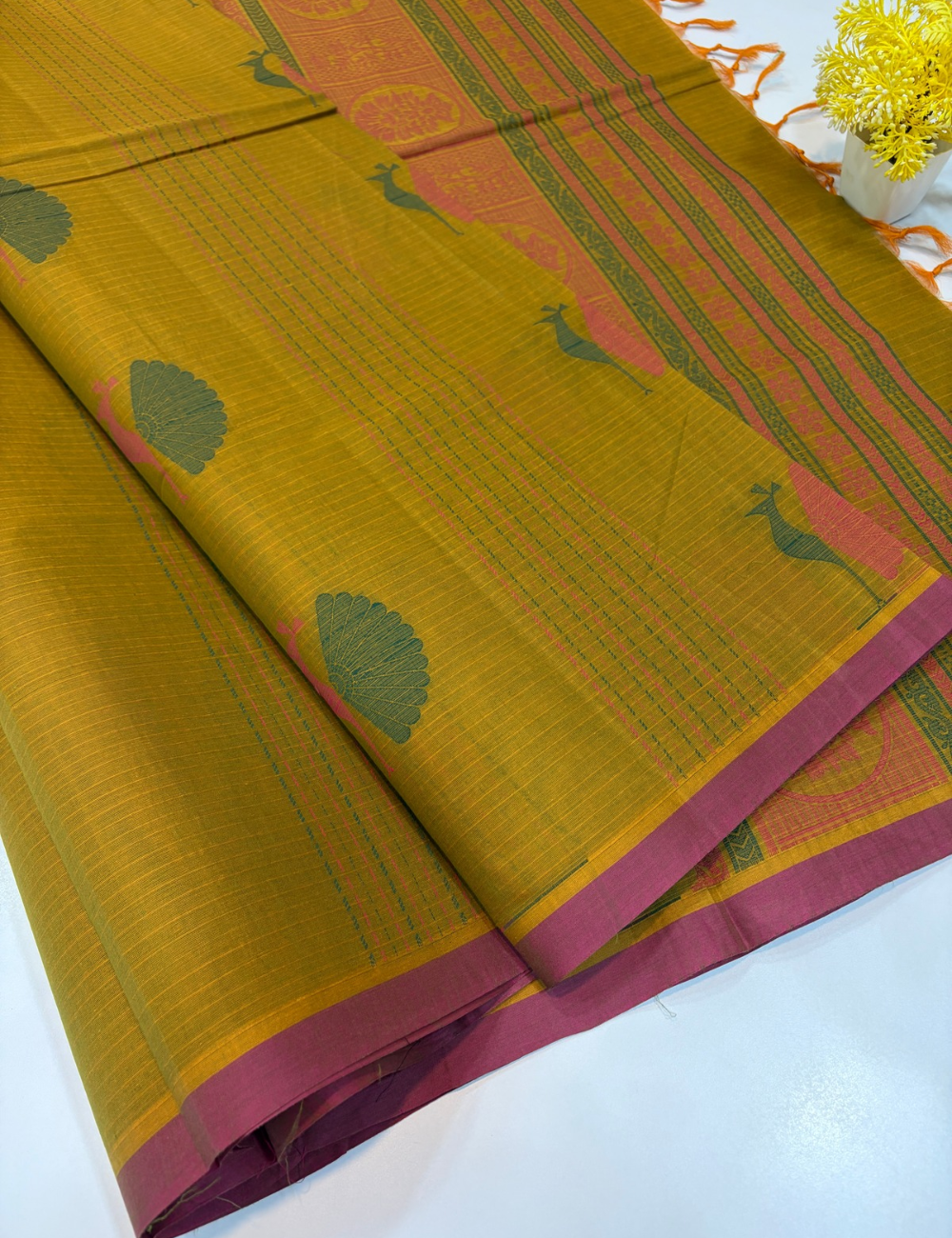 Sage Green Negamam Handloom Pure Cotton Saree with Thread Meena Putta & 100-Count Weave