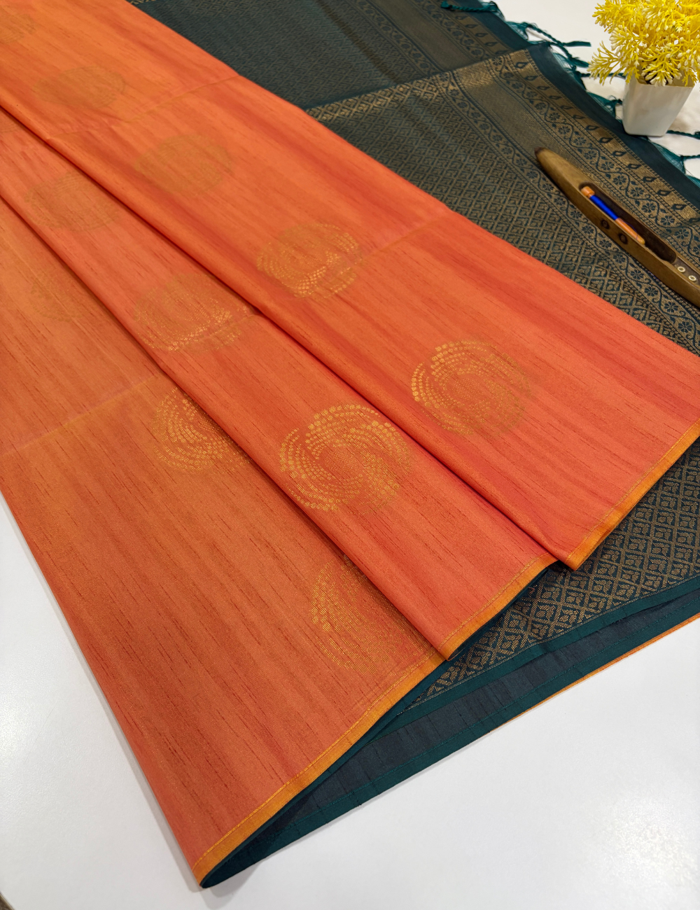 Burnt Orange (Rust) Soft Silk Saree with Gold Buttas & Peacock Green Borderless Pallu | Elegant Festive Wear