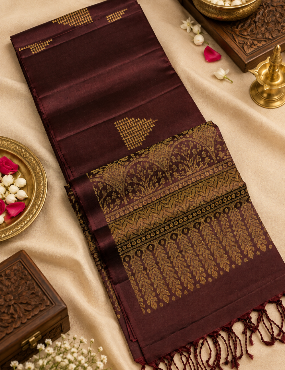 Brown Borderless Neam Jari Pure Softsilk Saree