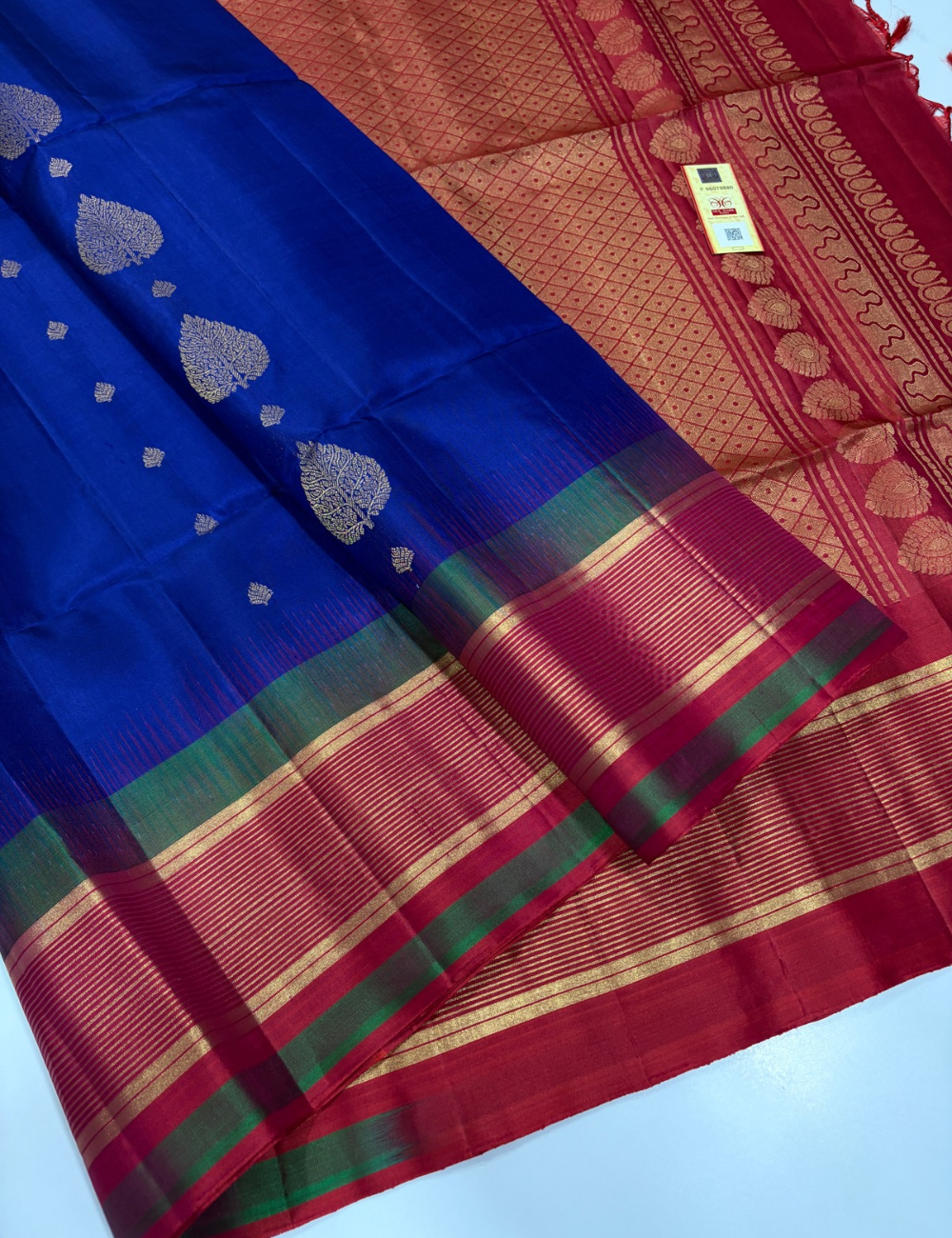 Handloom Pure Soft Silk Saree in Beige Gold with Royal Blue Tie and Dye Contrast Border & Gold Zari Weaves | Silk Mark Certified