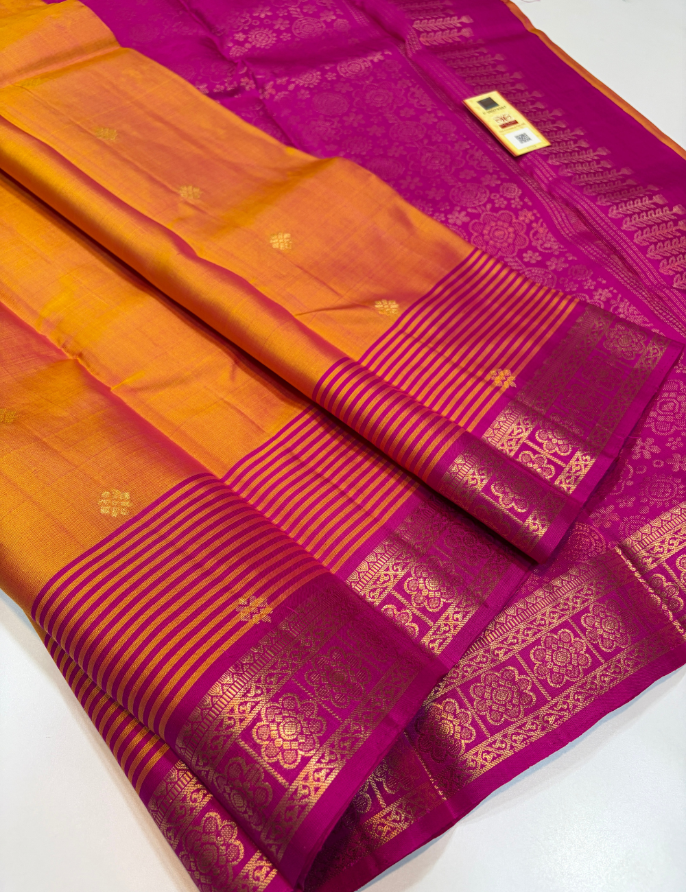 Mango Yellow with Rani Pink Kanchi Border Handloom Pure Soft Silk Saree