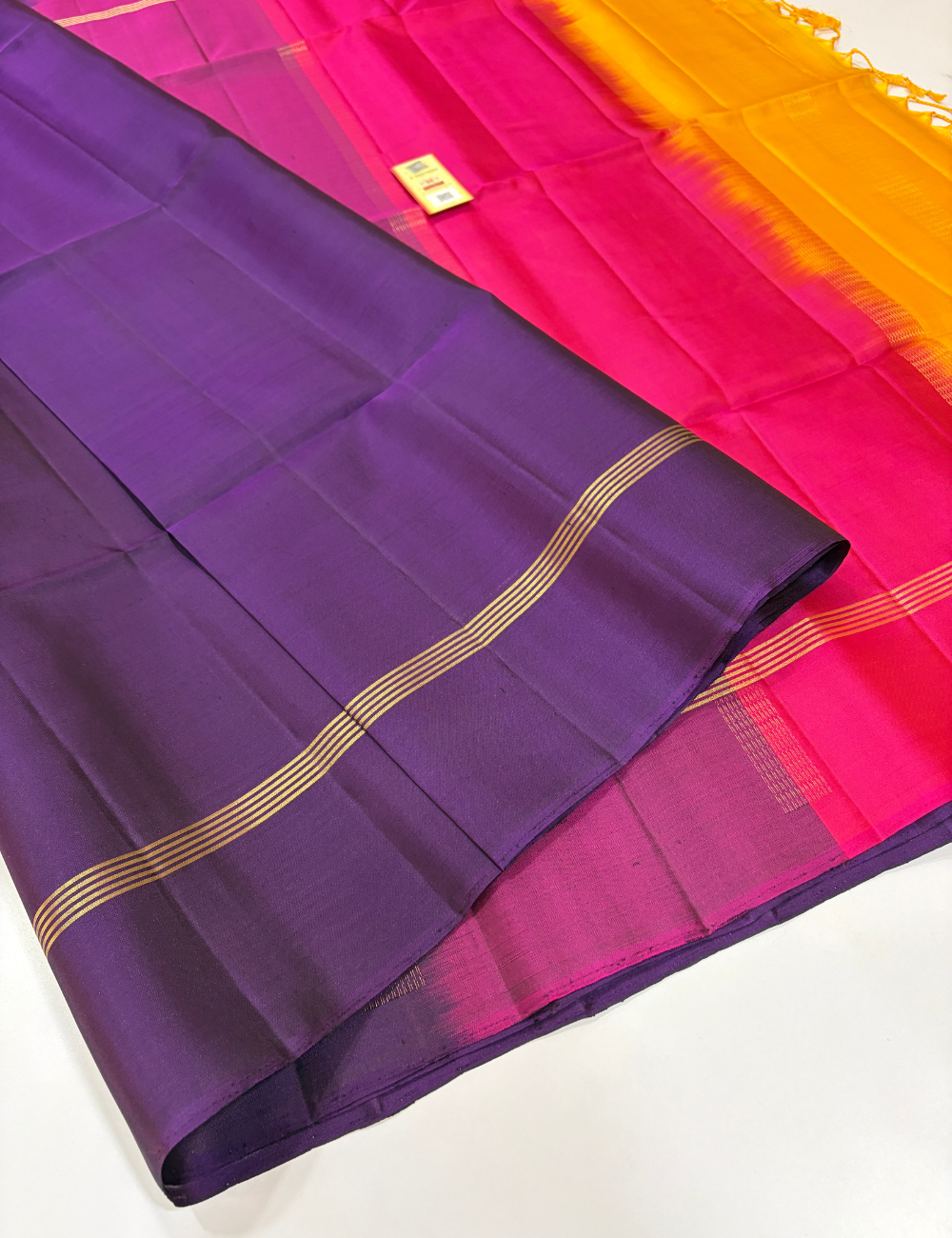 Mubbagam Pallu Handloom Pure Soft Silk Saree with Silk Mark | Deep Violet Body with Purple Pink & Yellow Pallu and Yellow Blouse