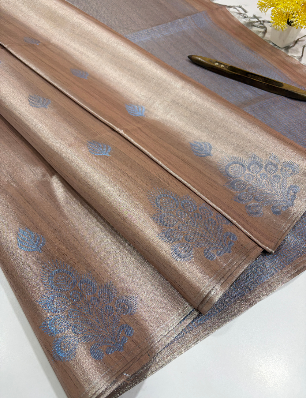 Tissue Semi Silk Saree in Copper Brown with Steel Blue Motifs